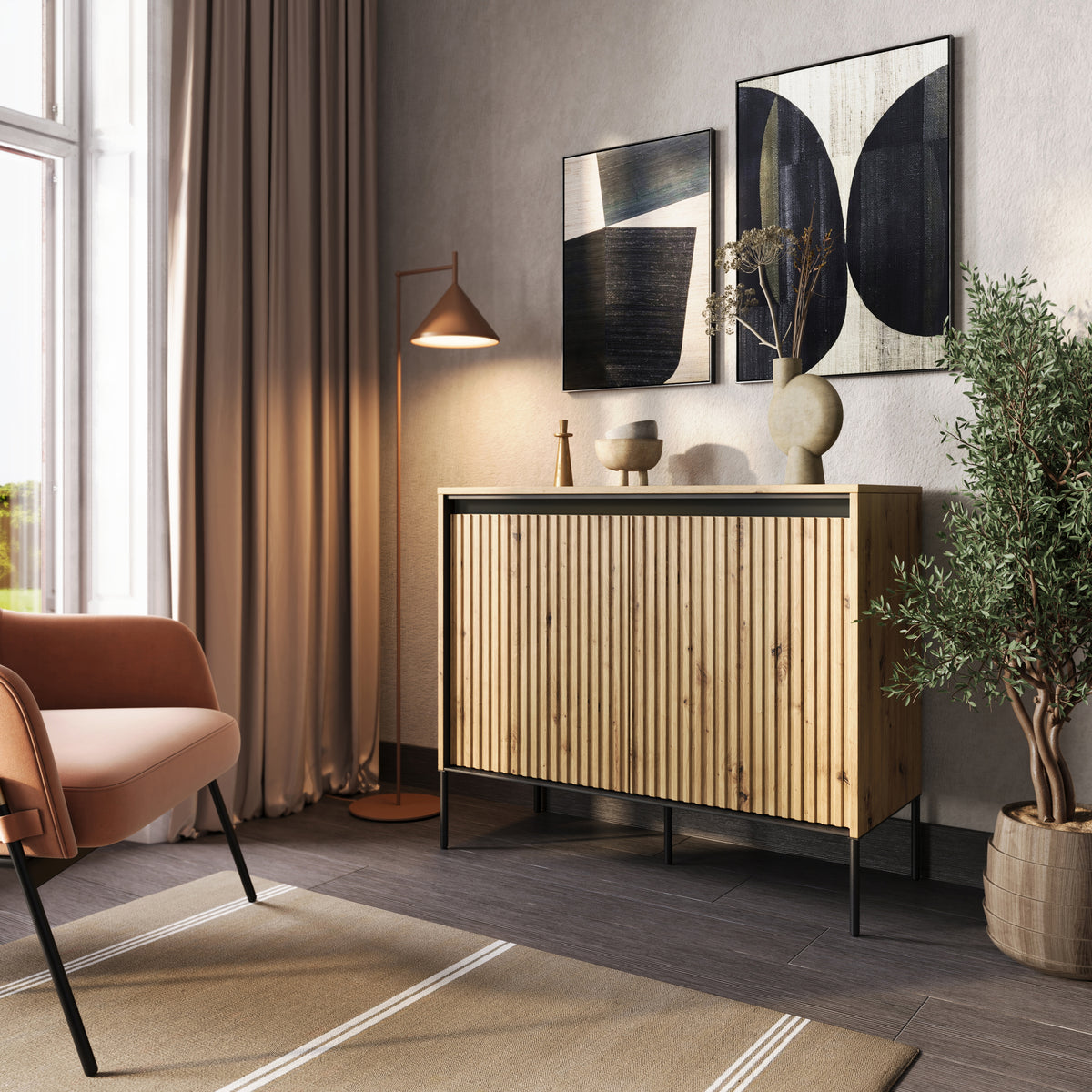 Commode 2 portes Trend 98 cm avec LED Chêne artisan