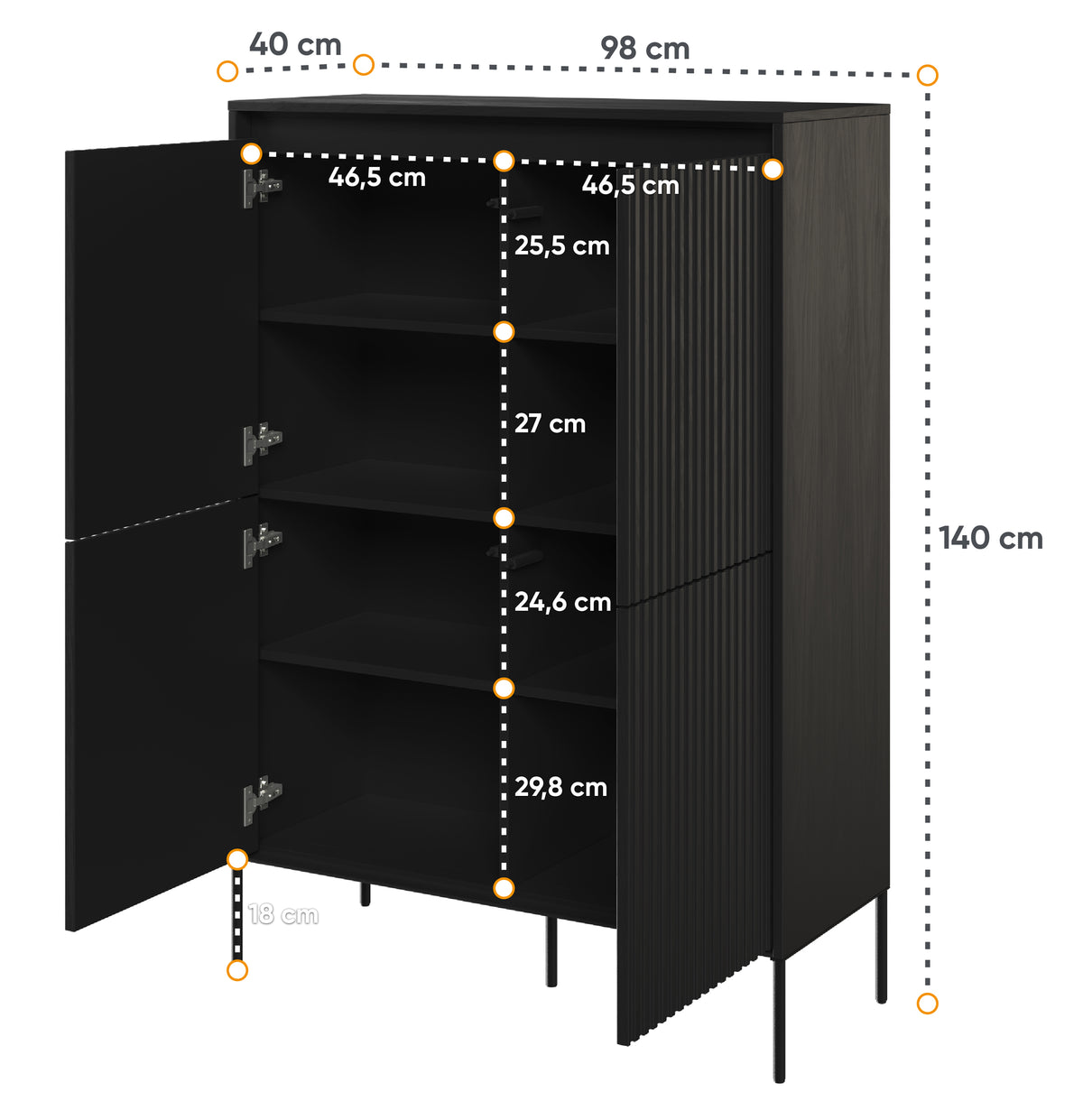 Trend vier­türige hohe Kommode 98 cm mit LED Schwarz