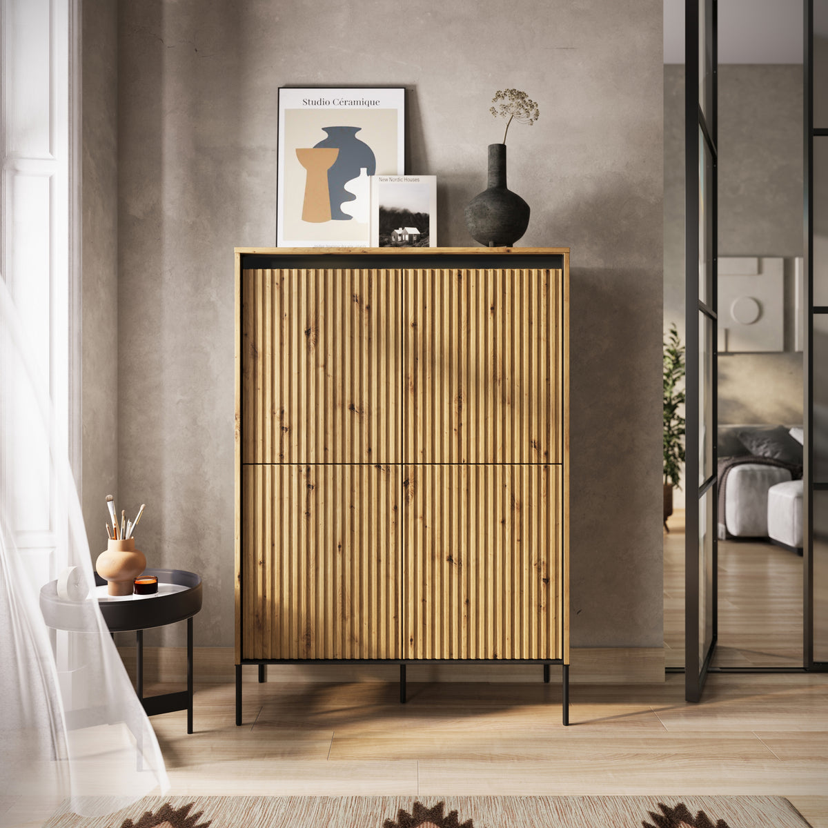 Vier­türige hohe Kommode Trend 98 cm mit LED Artisan-Eiche