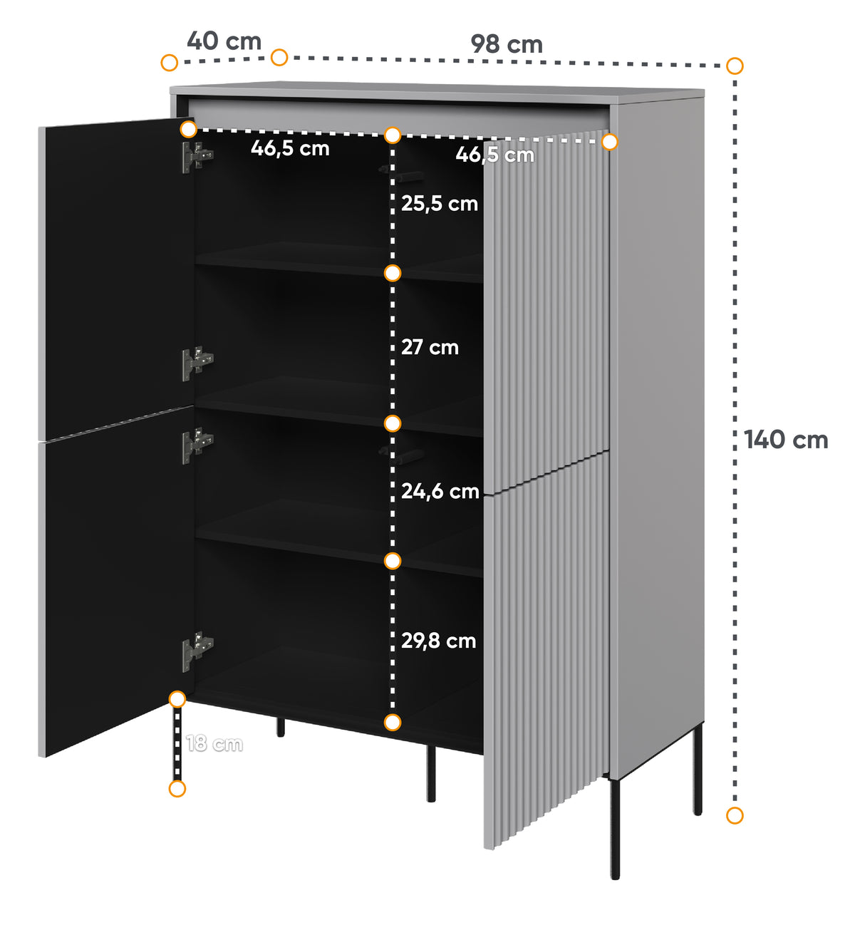 Commode haute Trend 4 portes 98 cm avec LED Gris