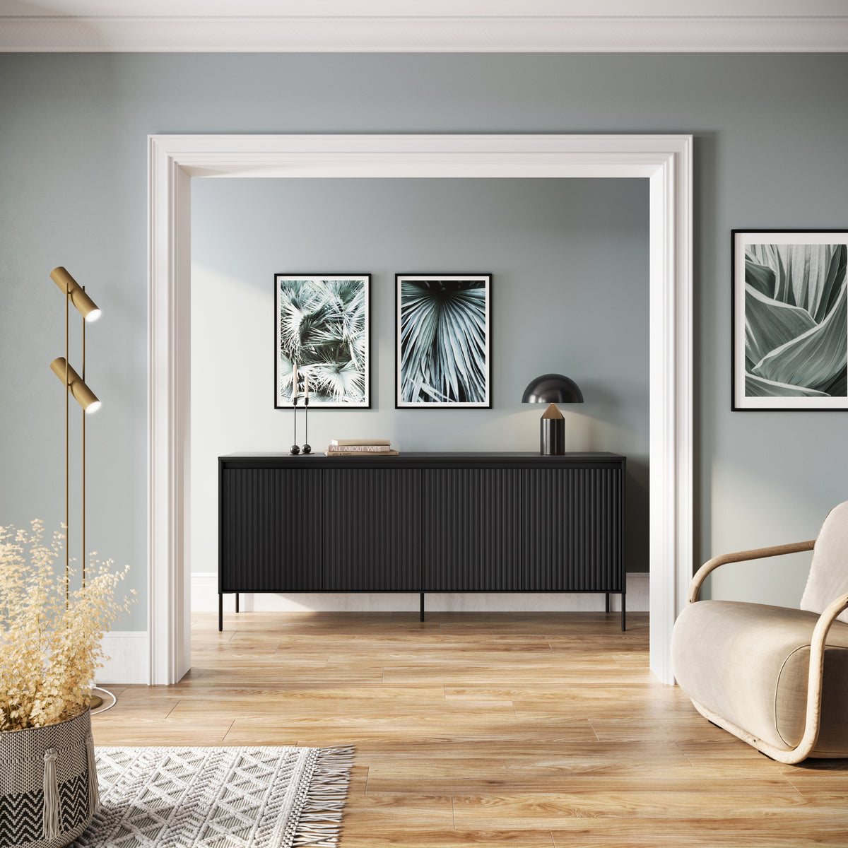 Niedriger vier­türiger Trend-Kommode 193 cm mit LED Schwarz