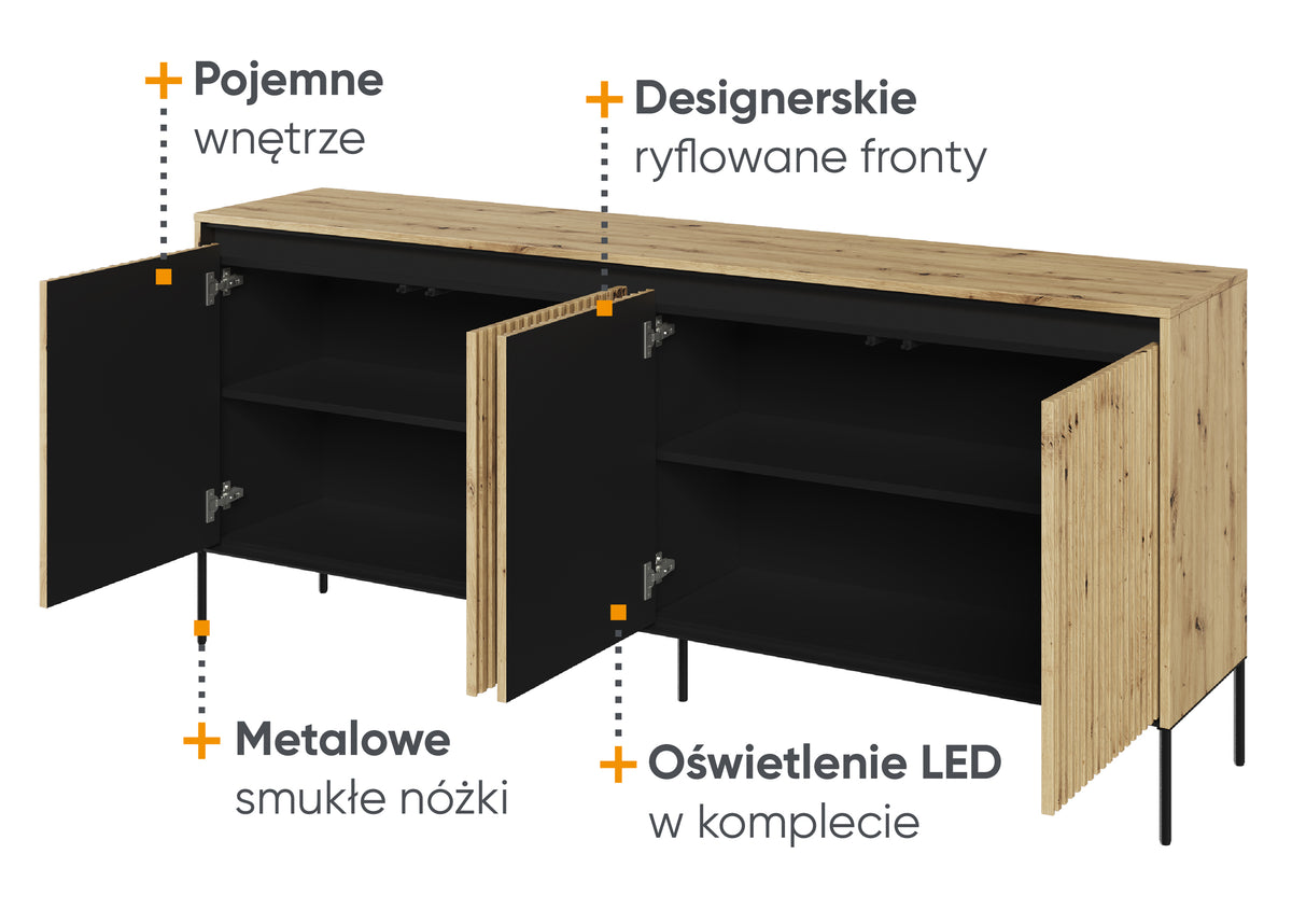 Niedriger vierflügeliger Trend-Kommode 193 cm mit LED Artisan-Eiche