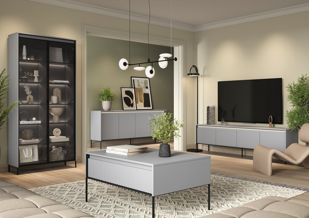 Vier­türige Kommode Trend niedrig 193 cm mit LED Grau