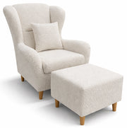 Fauteuil oreille Teddlo avec repose-pieds, tissu chenille crème, pieds en hêtre