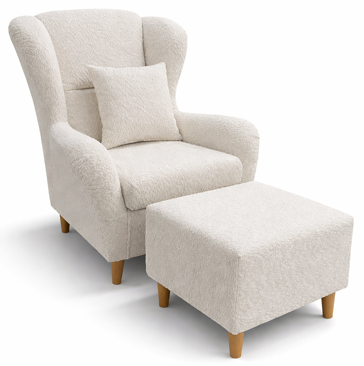Fauteuil oreille Teddlo avec repose-pieds, tissu chenille crème, pieds en hêtre