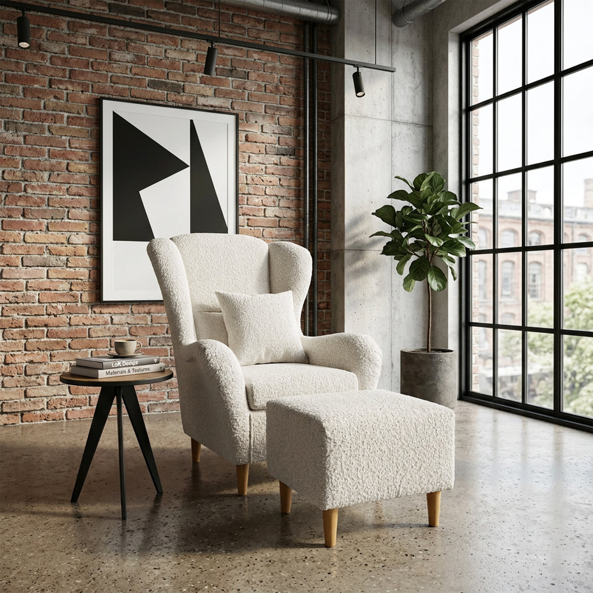 Fauteuil oreille Teddlo avec repose-pieds, tissu chenille crème, pieds en hêtre