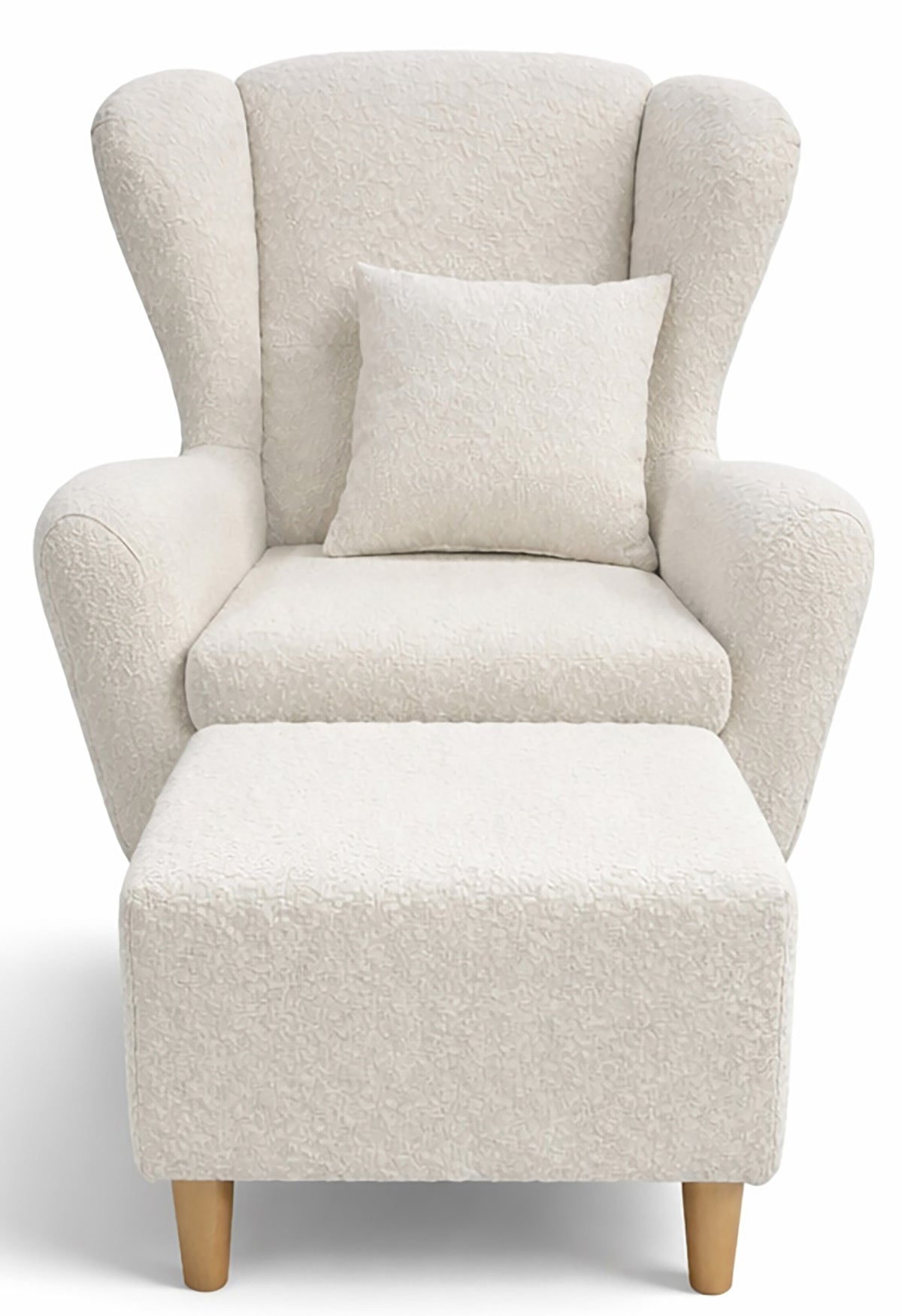 Fauteuil oreille Teddlo avec repose-pieds, tissu chenille crème, pieds en hêtre