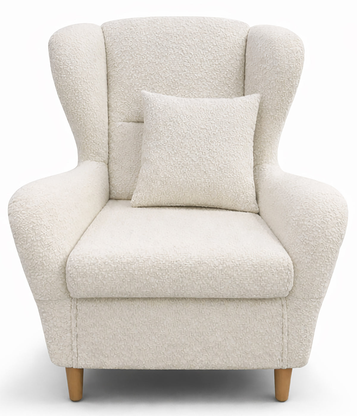 Fauteuil oreille Teddlo avec repose-pieds, tissu chenille crème, pieds en hêtre