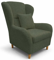 Fauteuil oreilles Teddlo vert en chenille avec pieds en hêtre