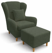 Fauteuil oreilles Teddlo avec repose-pieds, velours chenille vert, pieds en hêtre