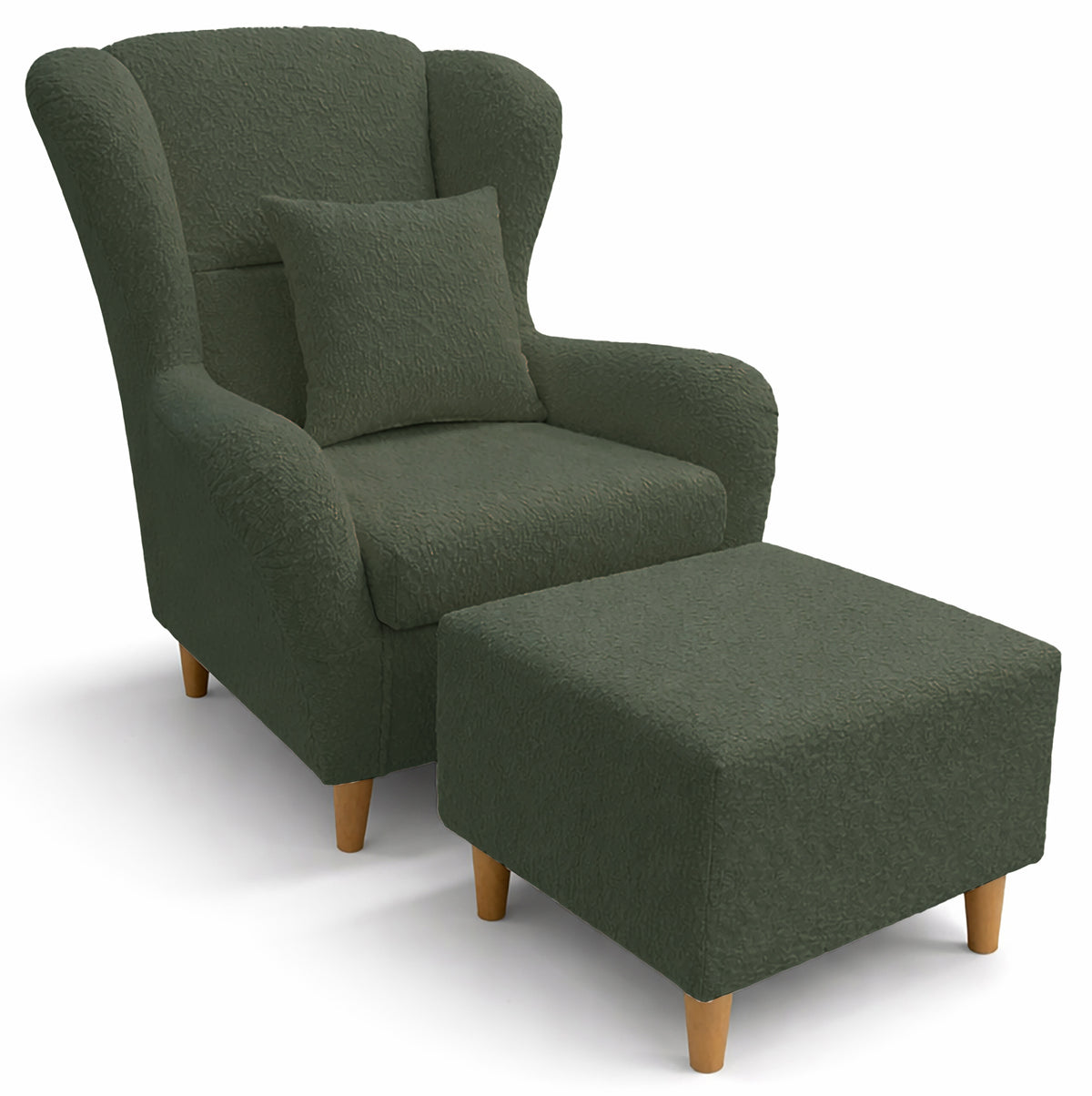 Fauteuil oreilles Teddlo avec repose-pieds, velours chenille vert, pieds en hêtre