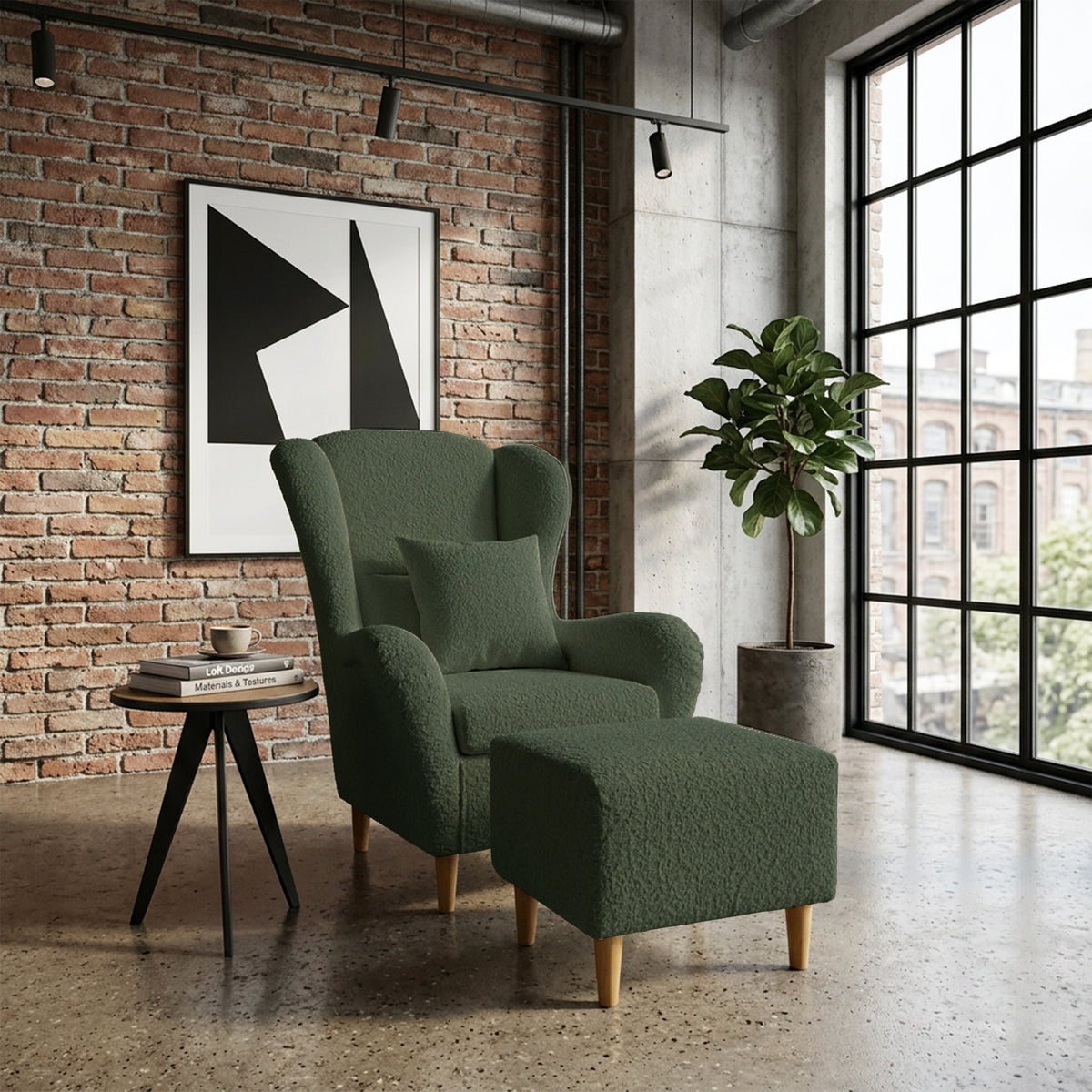 Fauteuil oreilles Teddlo avec repose-pieds, velours chenille vert, pieds en hêtre