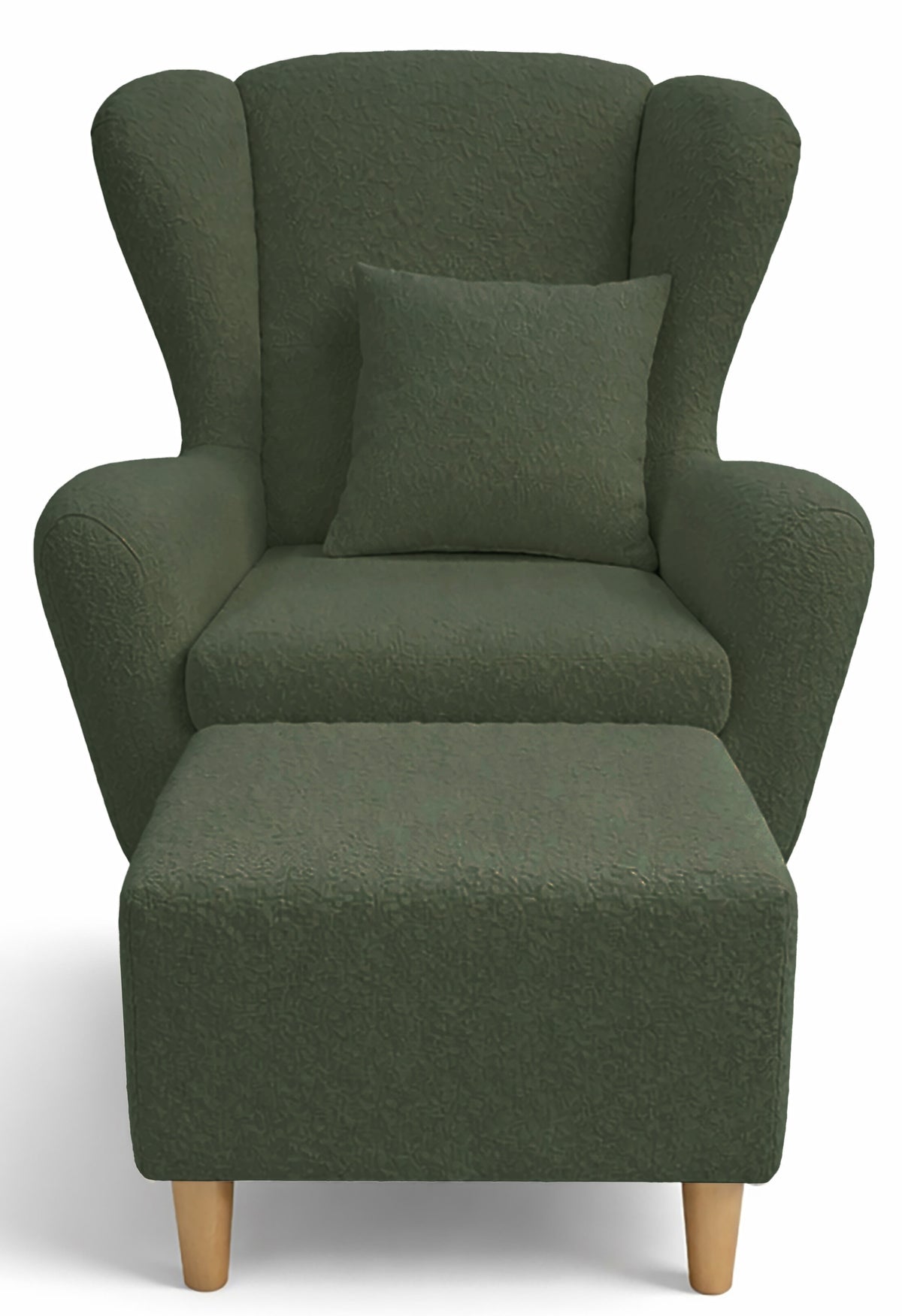 Fauteuil oreilles Teddlo avec repose-pieds, velours chenille vert, pieds en hêtre