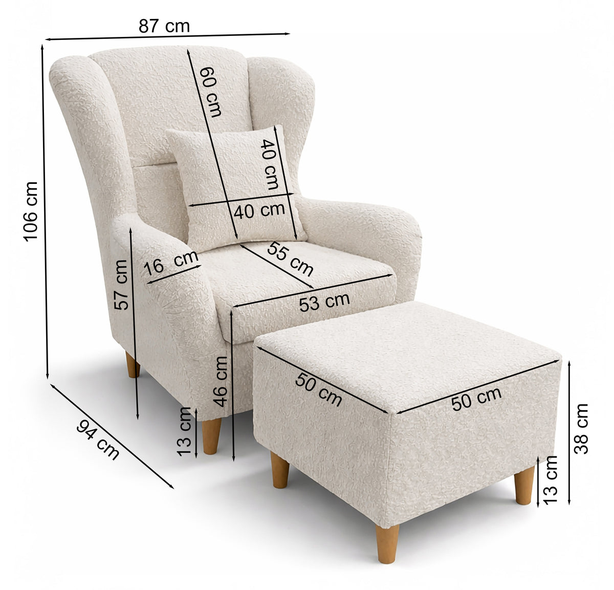 Fauteuil oreille Teddlo avec repose-pieds, tissu chenille crème, pieds en hêtre