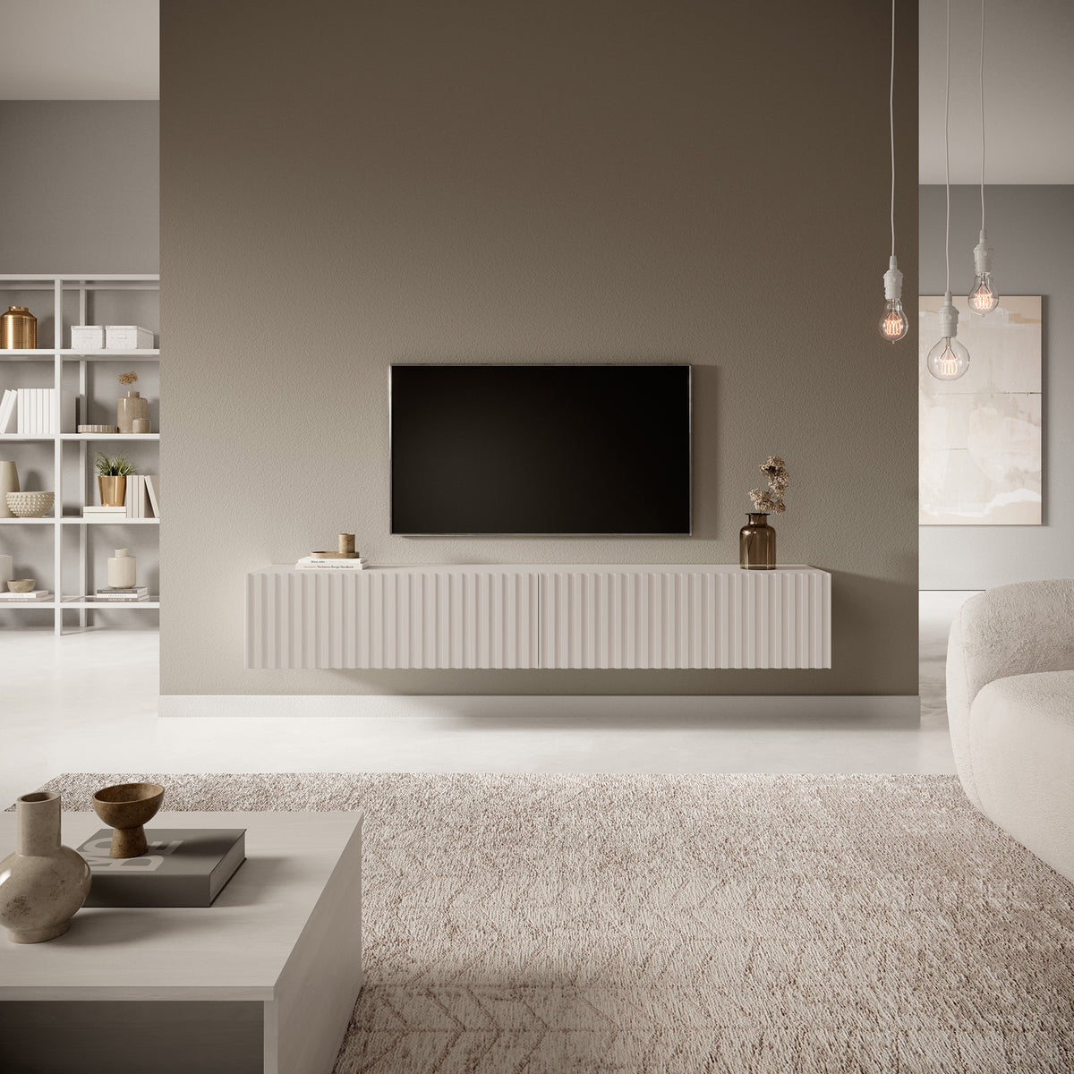 Meuble TV Telire 175 cm Beige gris avec façade à lames