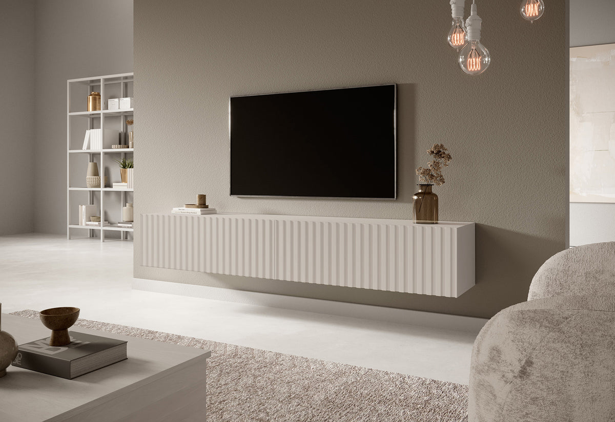 Meuble TV Telire 175 cm Beige gris avec façade à lames