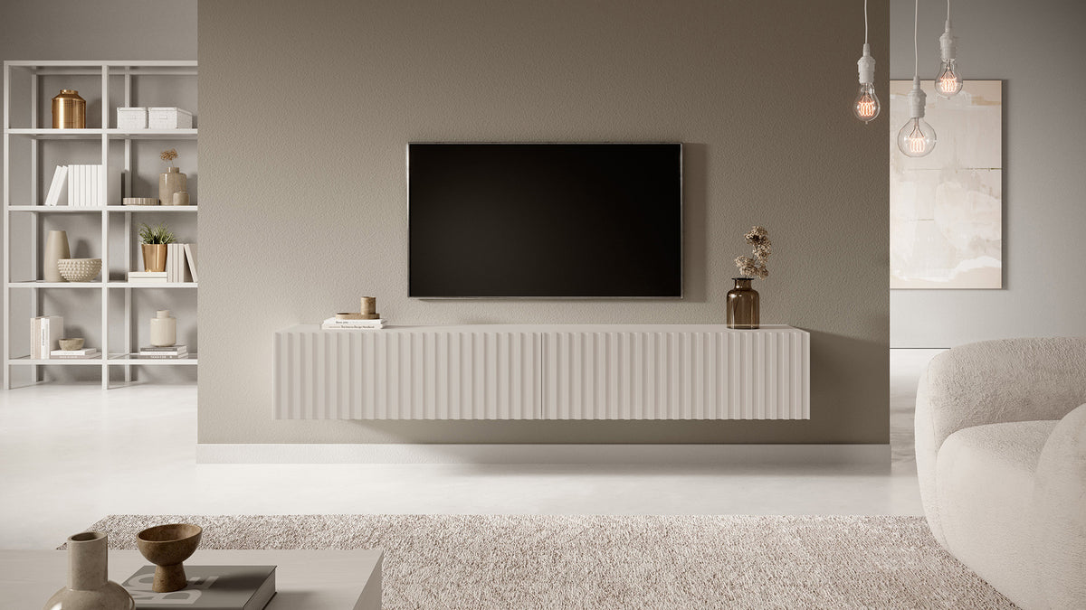 Meuble TV Telire 175 cm Beige gris avec façade à lames
