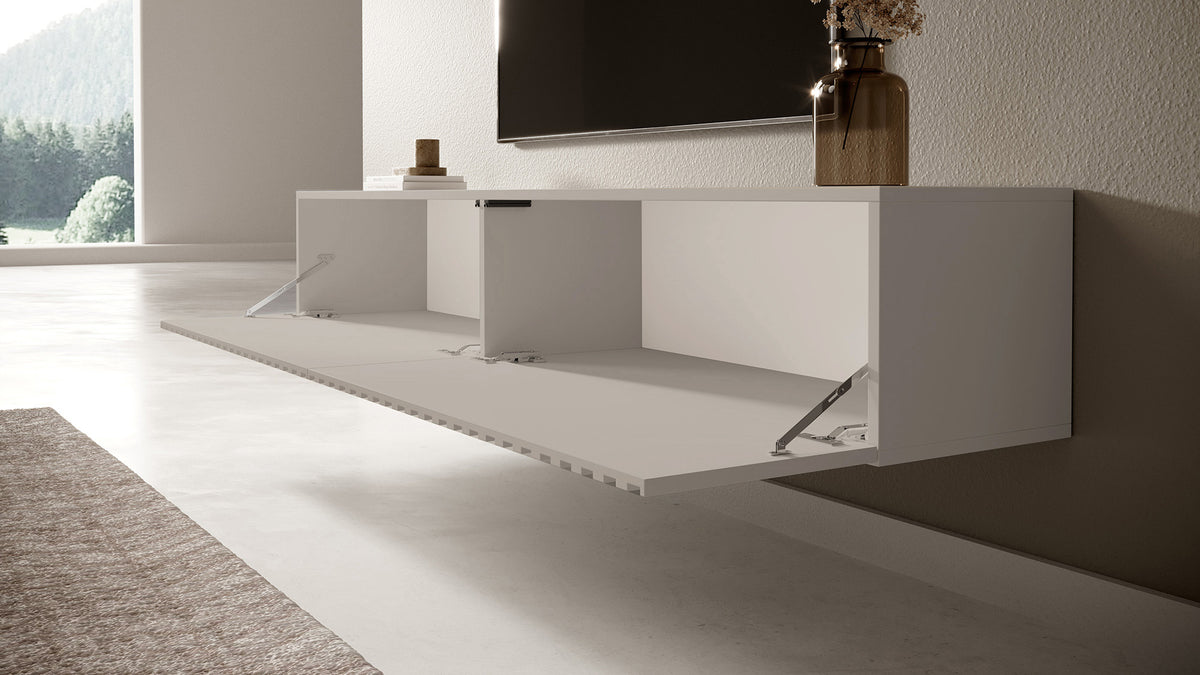 Meuble TV Telire 175 cm Beige gris avec façade à lames
