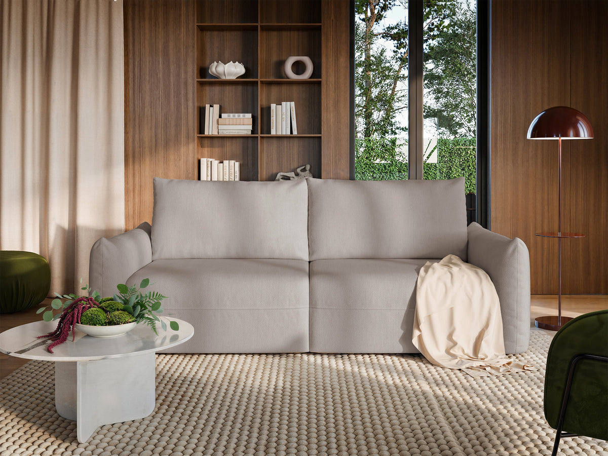 Canapé convertible 3 places Theolla avec coffre, chenille beige clair