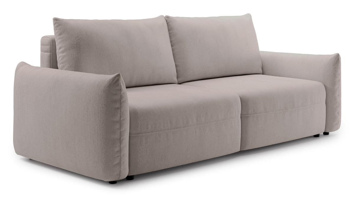 Dreisitziges ausklappbares Sofa Theolla mit Stauraum, hellbeiger Chenillestoff