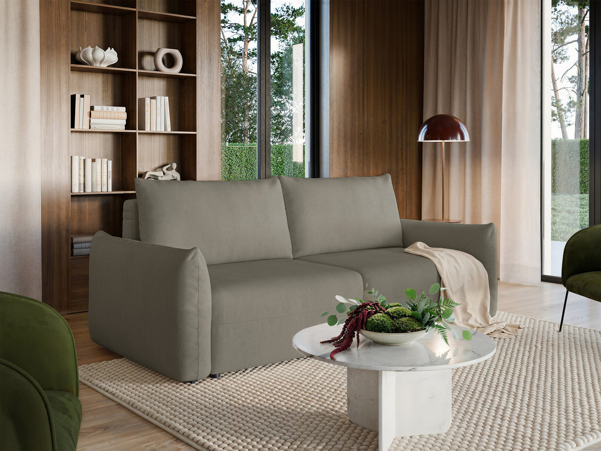 Canapé convertible 3 places Theolla avec coffre beige en chenille