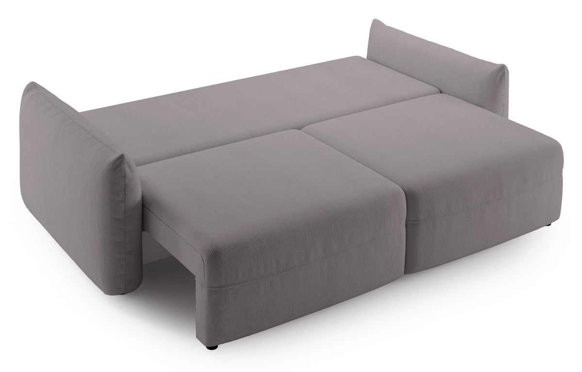 Canapé convertible 3 places Theolla avec coffre de rangement, tissu chenille gris-beige