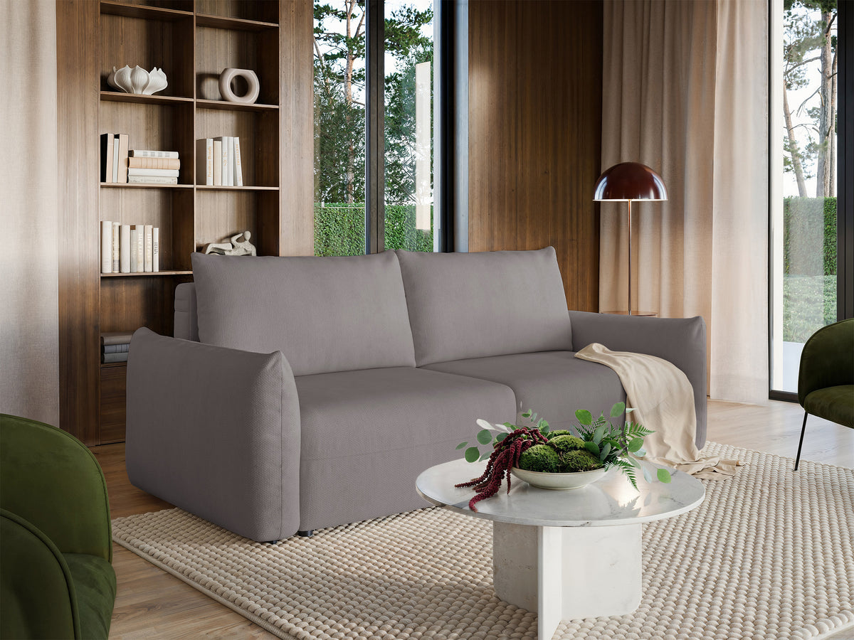 Canapé convertible 3 places Theolla avec coffre de rangement, tissu chenille gris-beige