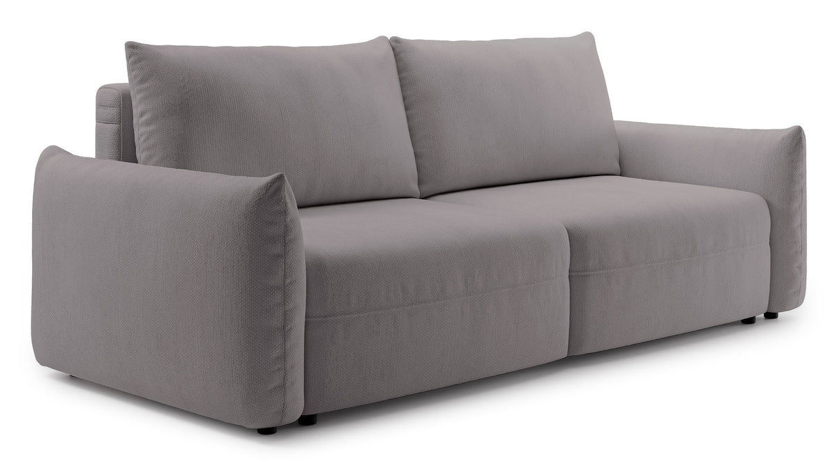 Canapé convertible 3 places Theolla avec coffre de rangement, tissu chenille gris-beige