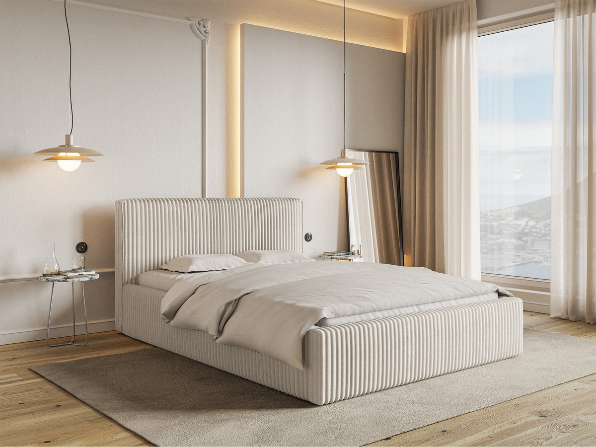Lit tapissé 160x200 cm Tilio avec rangement, cadre métallique, velours côtelé épais crème