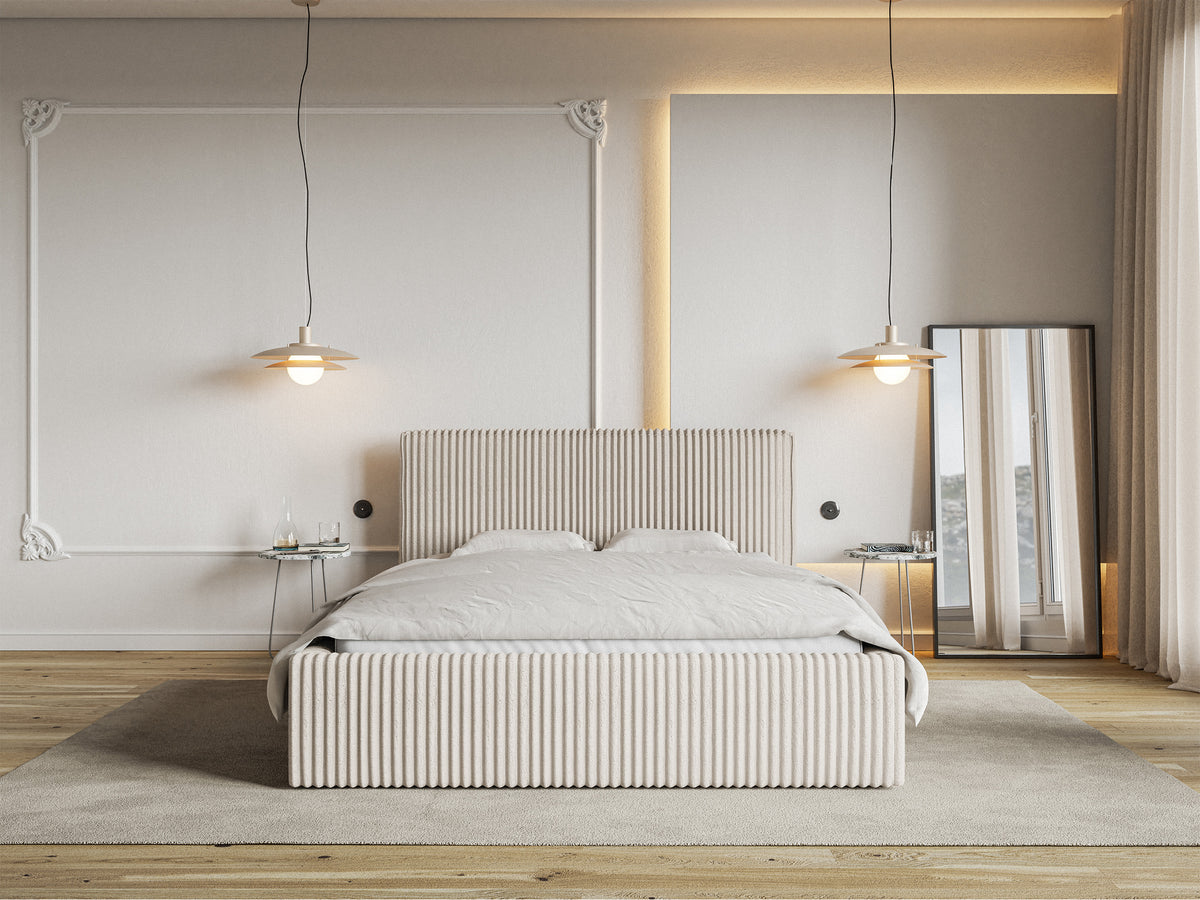Lit tapissé 160x200 cm Tilio avec rangement, cadre métallique, velours côtelé épais crème