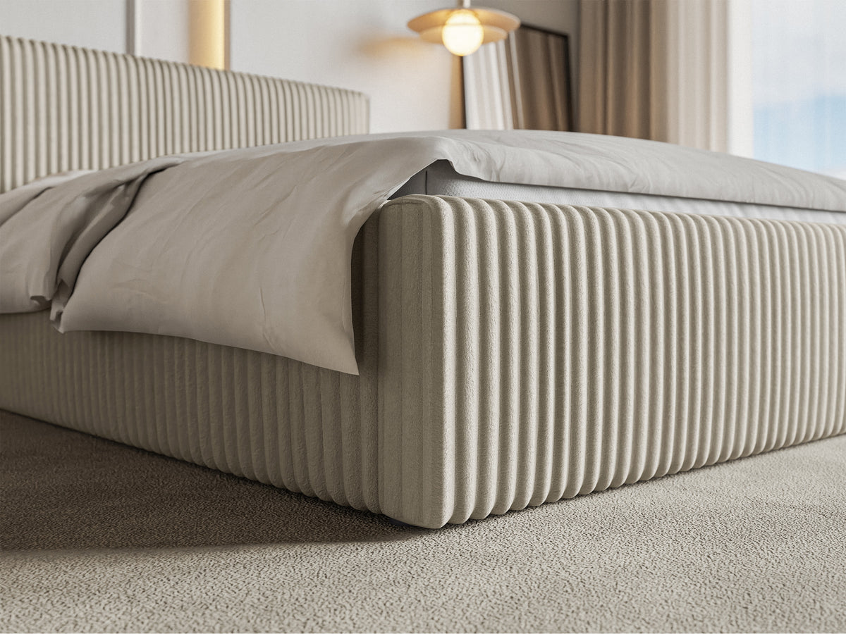 Polsterbett 140x200 cm Tilio mit Stauraum, Metallrahmen, hellbeige, grober Cordstoff