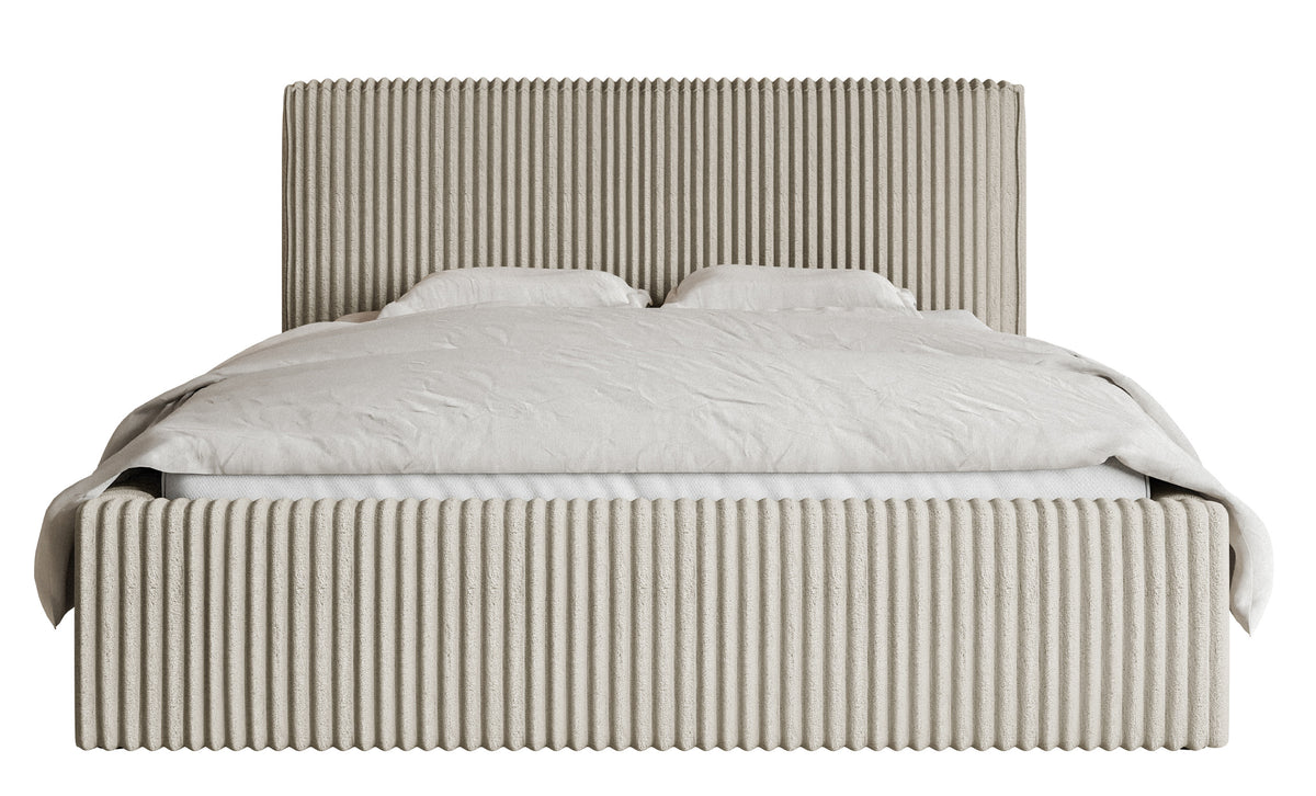 Polsterbett 140x200 cm Tilio mit Stauraum, Metallrahmen, hellbeige, grober Cordstoff