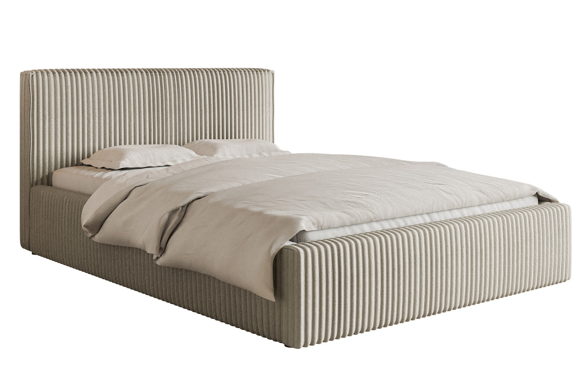 Polsterbett 140x200 cm Tilio mit Stauraum, Metallrahmen, hellbeige, grober Cordstoff