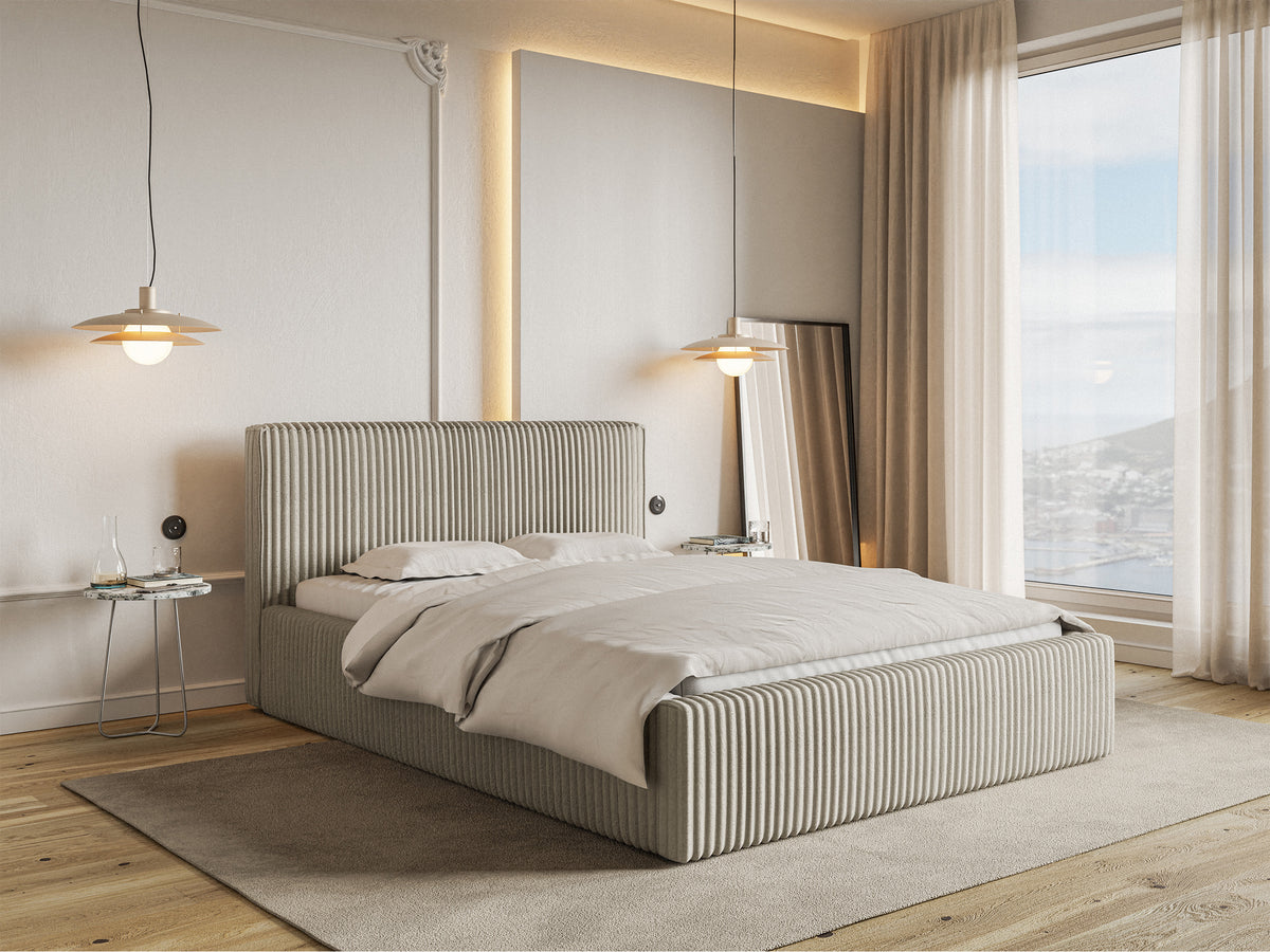 Polsterbett 140x200 cm Tilio mit Stauraum, Metallrahmen, hellbeige, grober Cordstoff