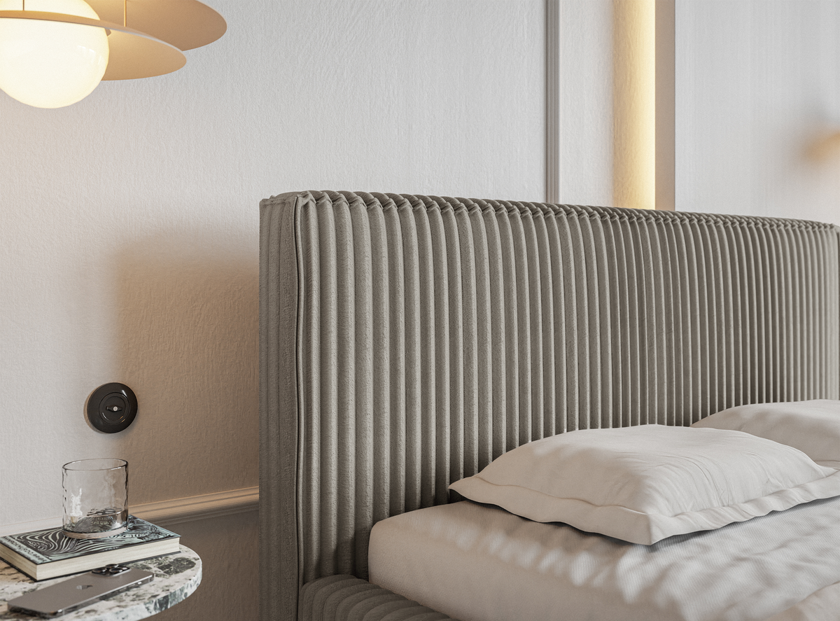 Lit tapissé 180x200 cm Tilio avec rangement, cadre métallique, velours côtelé épais gris-beige