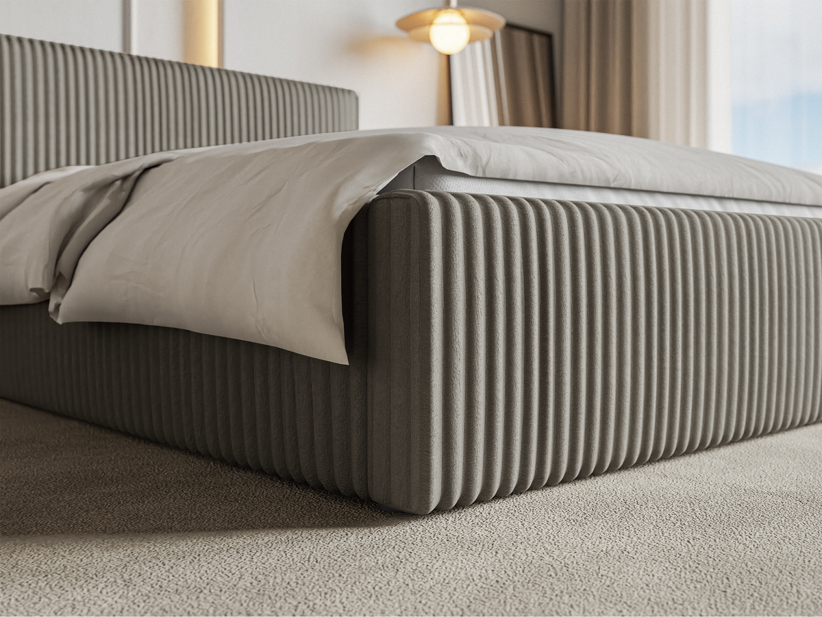 Lit tapissé 180x200 cm Tilio avec rangement, cadre métallique, velours côtelé épais gris-beige