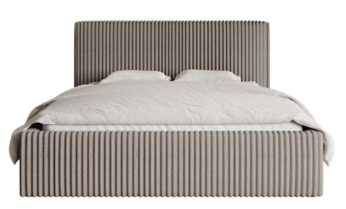 Lit tapissé 180x200 cm Tilio avec rangement, cadre métallique, velours côtelé épais gris-beige