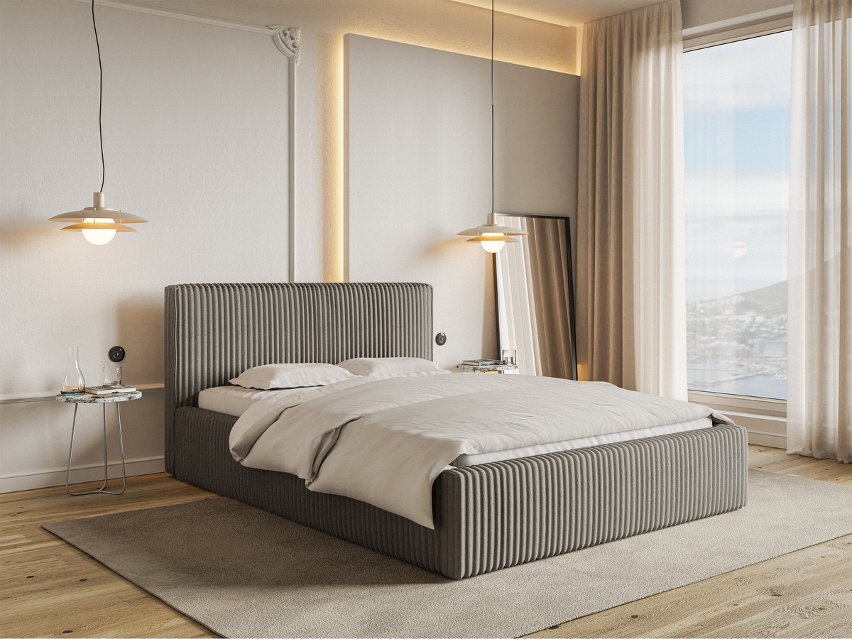 Lit tapissé 180x200 cm Tilio avec rangement, cadre métallique, velours côtelé épais gris-beige
