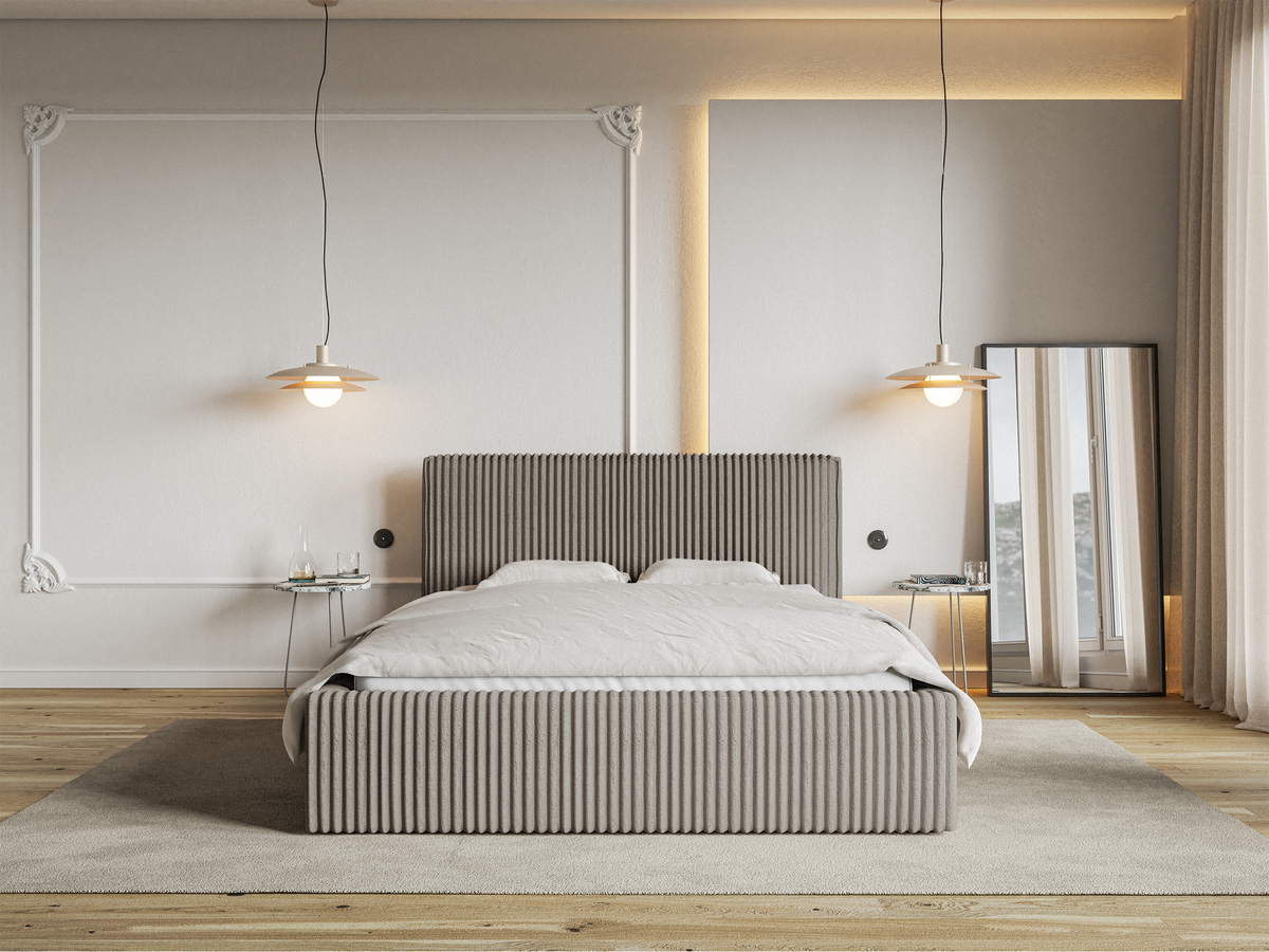 Lit tapissé 180x200 cm Tilio avec rangement, cadre métallique, velours côtelé épais gris-beige