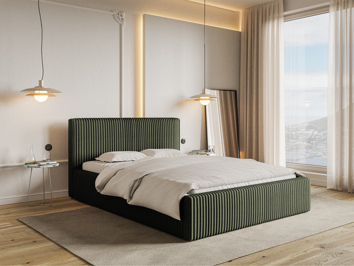 Lit tapissé 140x200 cm Tilio avec rangement, cadre métallique, velours côtelé épais olive