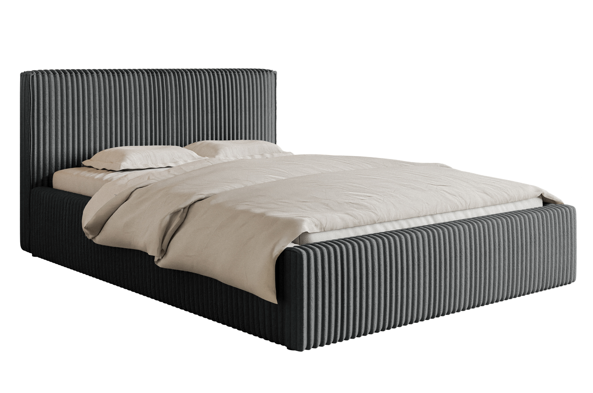 Polsterbett 180x200 cm Tilio mit Stauraum, Metallrahmen, grauer dicker Cordstoff