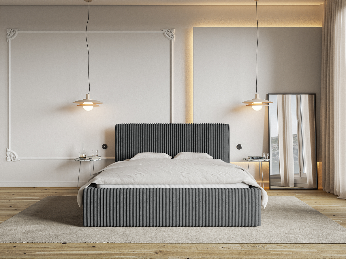 Polsterbett 180x200 cm Tilio mit Stauraum, Metallrahmen, grauer dicker Cordstoff