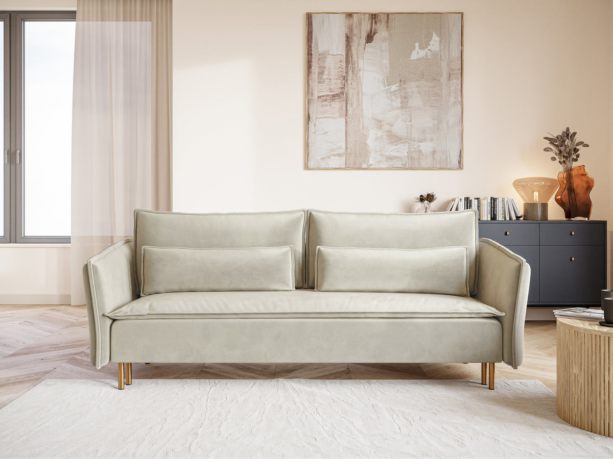 Canapé convertible 3 places Ummo avec rangement, velours hydrofuge crème, pieds dorés