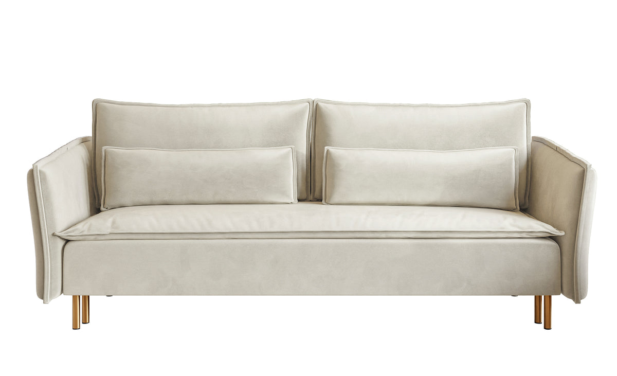 Canapé convertible 3 places Ummo avec rangement, velours hydrofuge crème, pieds dorés