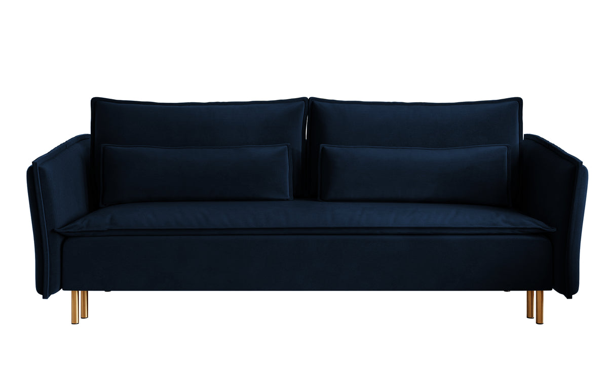 Canapé convertible 3 places Ummo bleu marine avec coffre en velours hydrofuge et pieds dorés