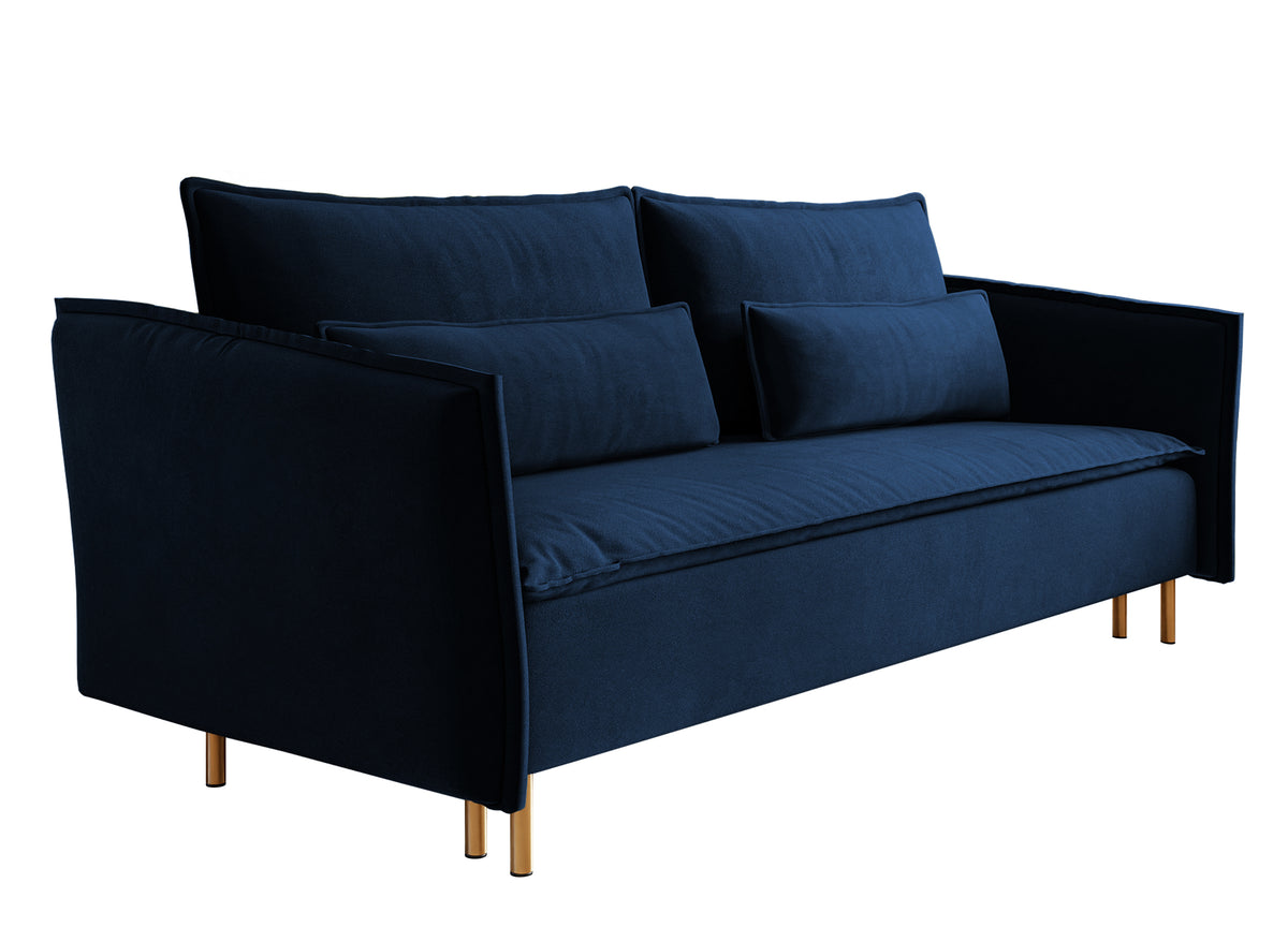 Dreisitziges ausklappbares Sofa Ummo in Marineblau mit Stauraum aus wasserabweisendem Veloursstoff, goldene Beine
