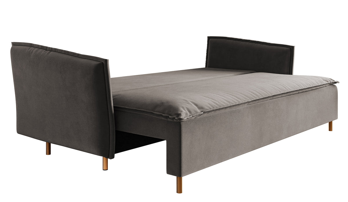 Canapé convertible 3 places Ummo gris avec coffre en velours hydrofuge et pieds dorés