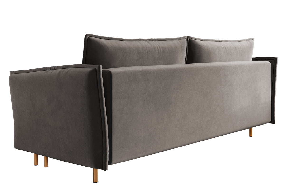 Canapé convertible 3 places Ummo gris avec coffre en velours hydrofuge et pieds dorés