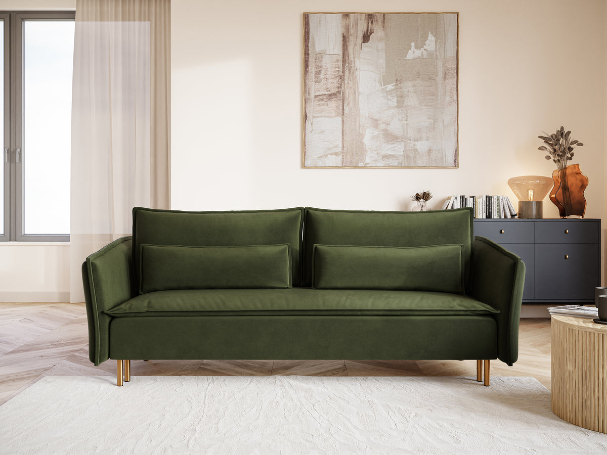 Canapé convertible 3 places Ummo olive avec coffre en tissu hydrofuge velours pieds dorés