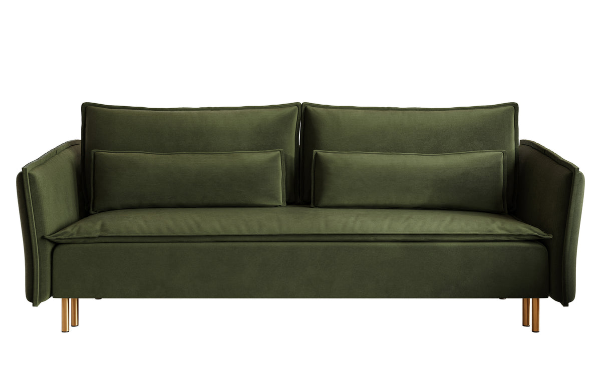Canapé convertible 3 places Ummo olive avec coffre en tissu hydrofuge velours pieds dorés